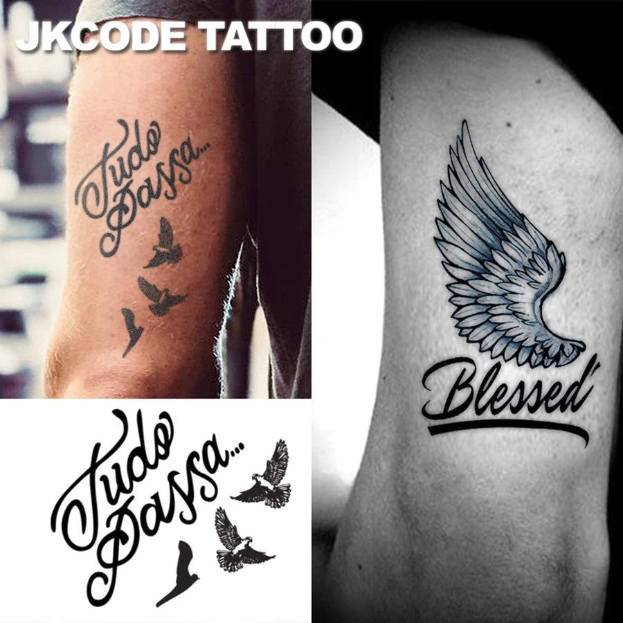 2 Sheets Herbal Wing & Letter Temporary Tattoo Stickers – Waterproof Graffiti Style Neck & Hand Fake Tattoos