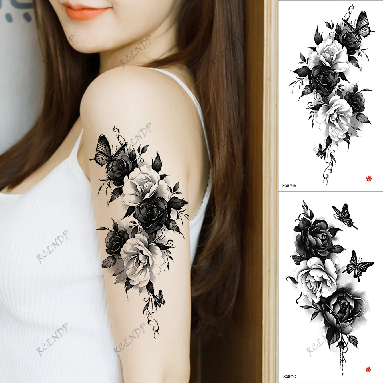 2pcs Black Flower Butterfly Temporary Tattoo Stickers