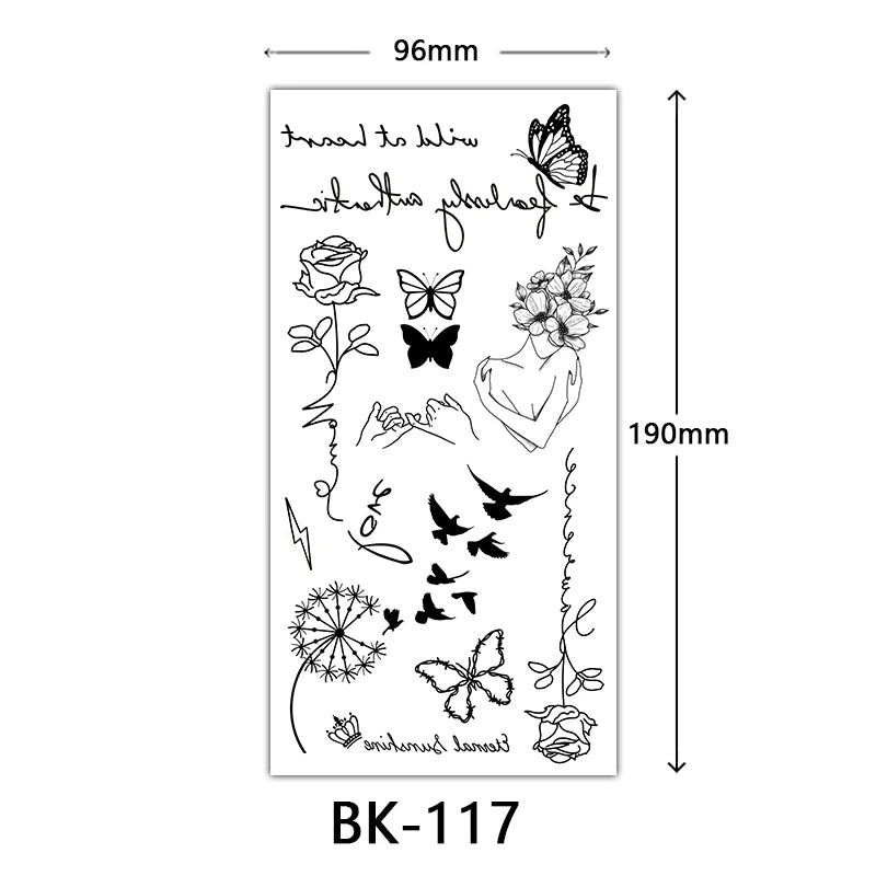 Black Floral Temporary Tattoo Stickers – Waterproof Fake Flower Tattoos for Hand, Arm, Body