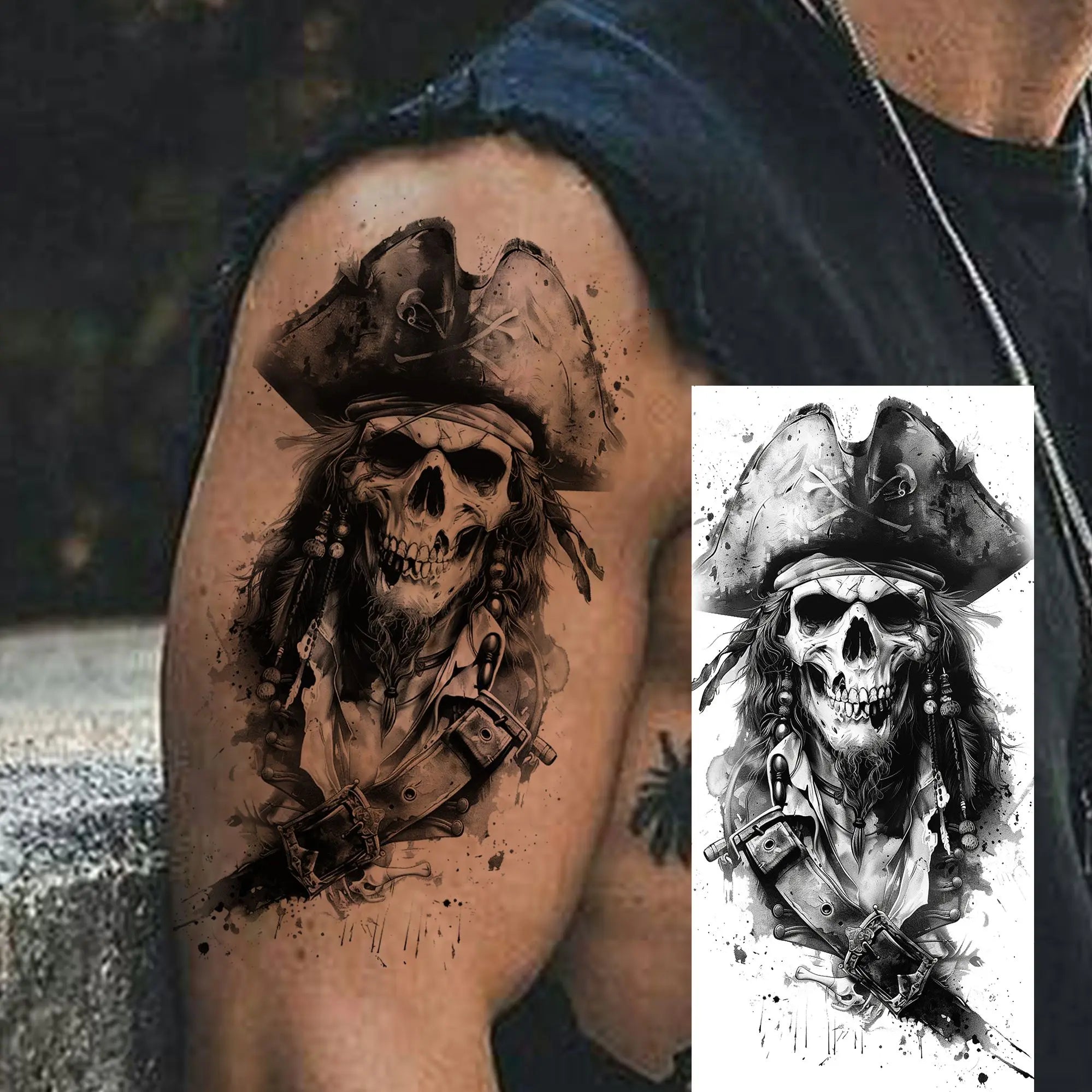 Grim Reaper Skull Pirate Temporary Tattoo – Halloween Fake Tattoo Sticker (1 Sheet)