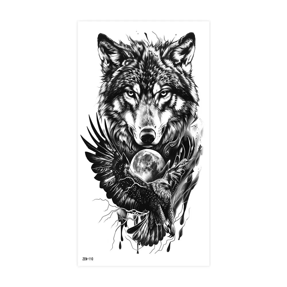 2pcs Black Lion Tiger Wolf Temporary Tattoo Stickers – Waterproof Fake Animal Sleeve Tattoos