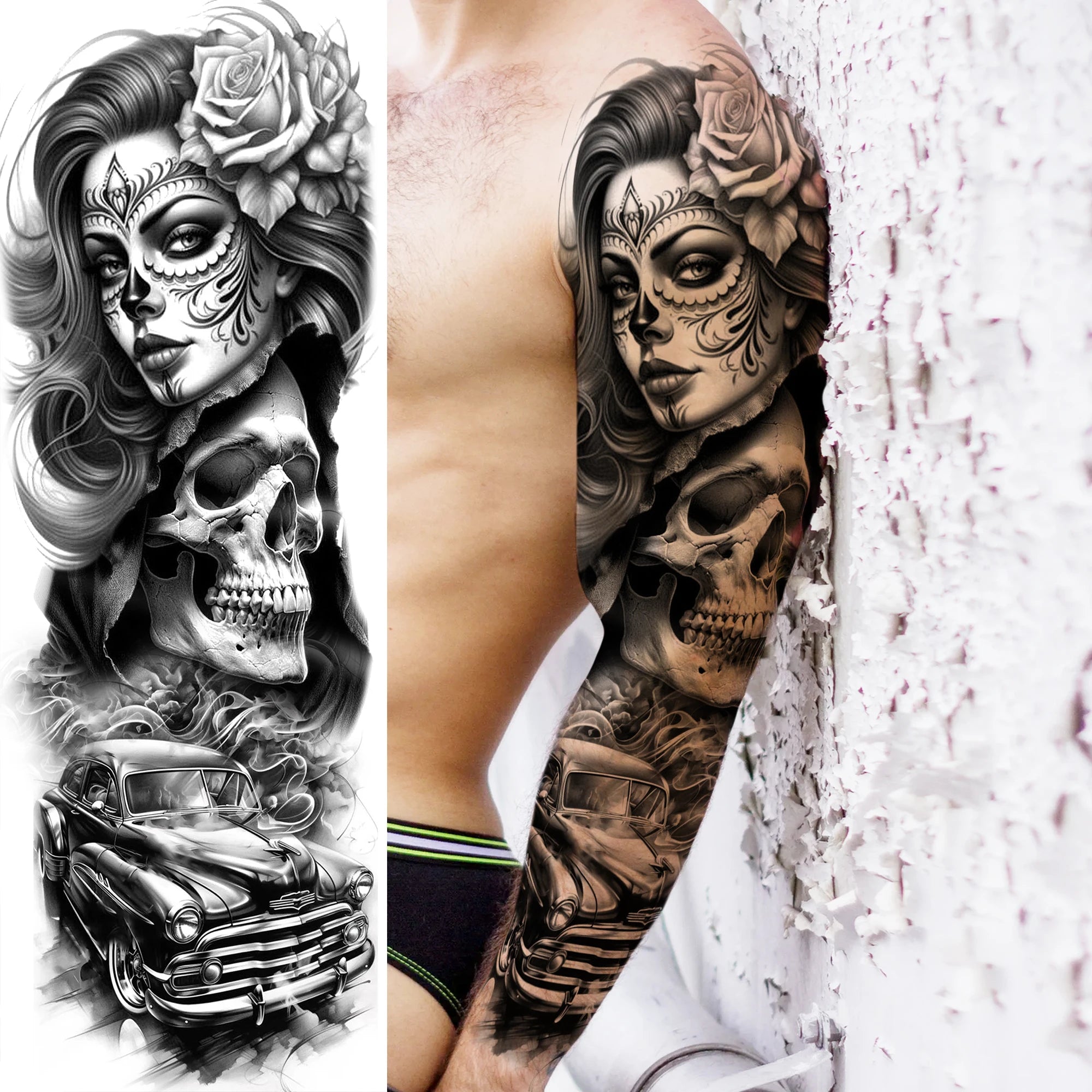 1 Sheet Zeus Jesus Skull Arm Temporary Tattoo Stickers – Waterproof Fake Sleeve Tattoo for Arm and Leg