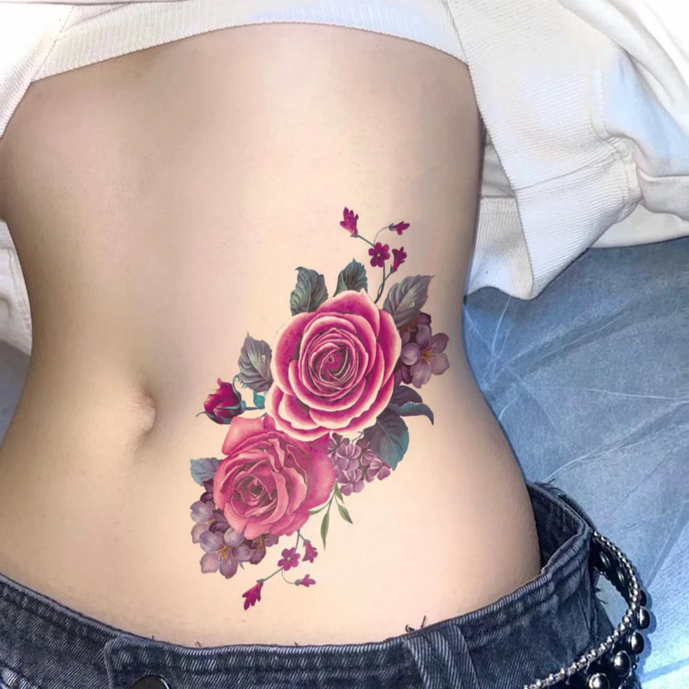 Colorful Rose Lily Peony Butterfly Temporary Tattoo Sticker