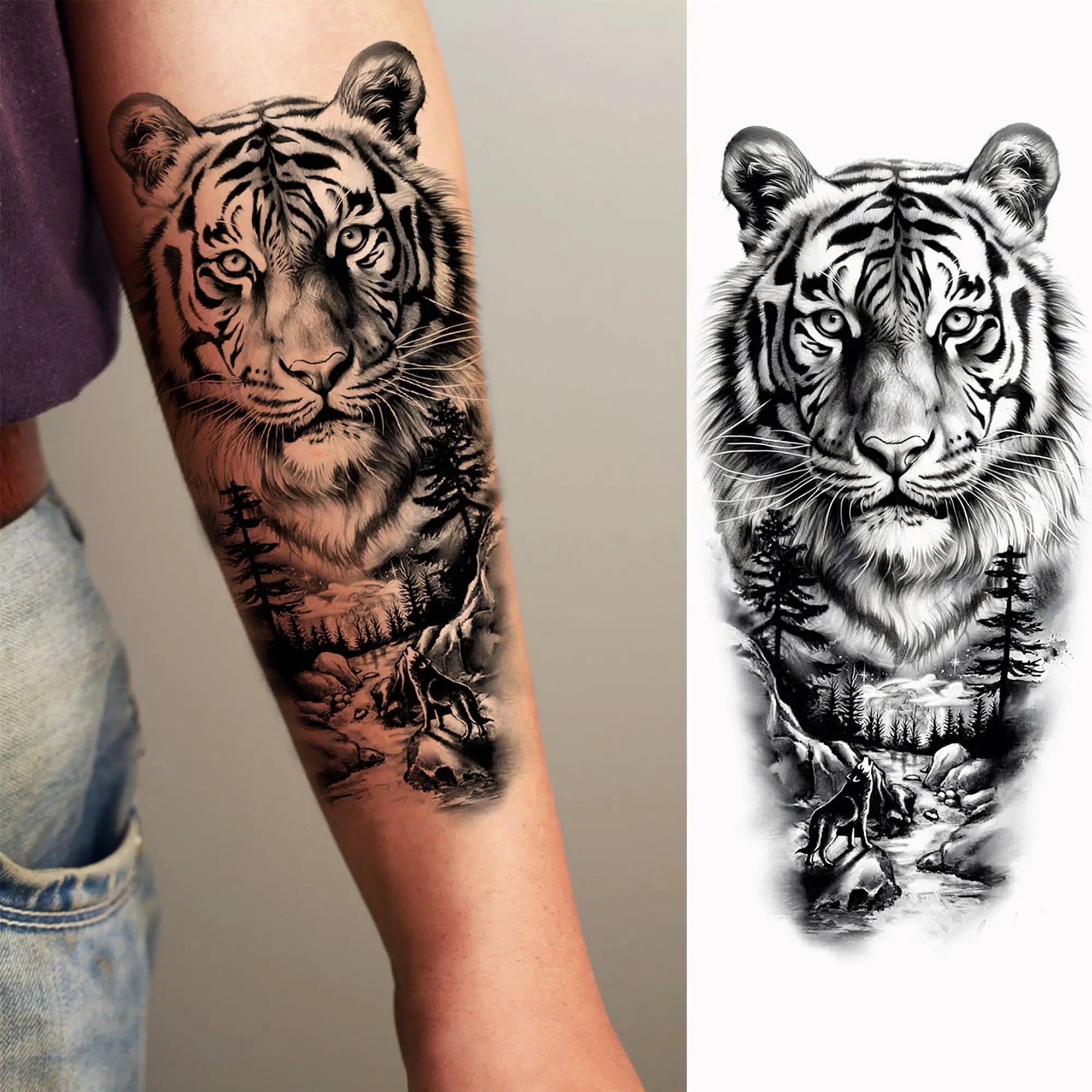 1 Sheet Lion Tiger Wolf Skull Ship Temporary Tattoo Sticker – Waterproof Realistic Body Art for Arm and Chest