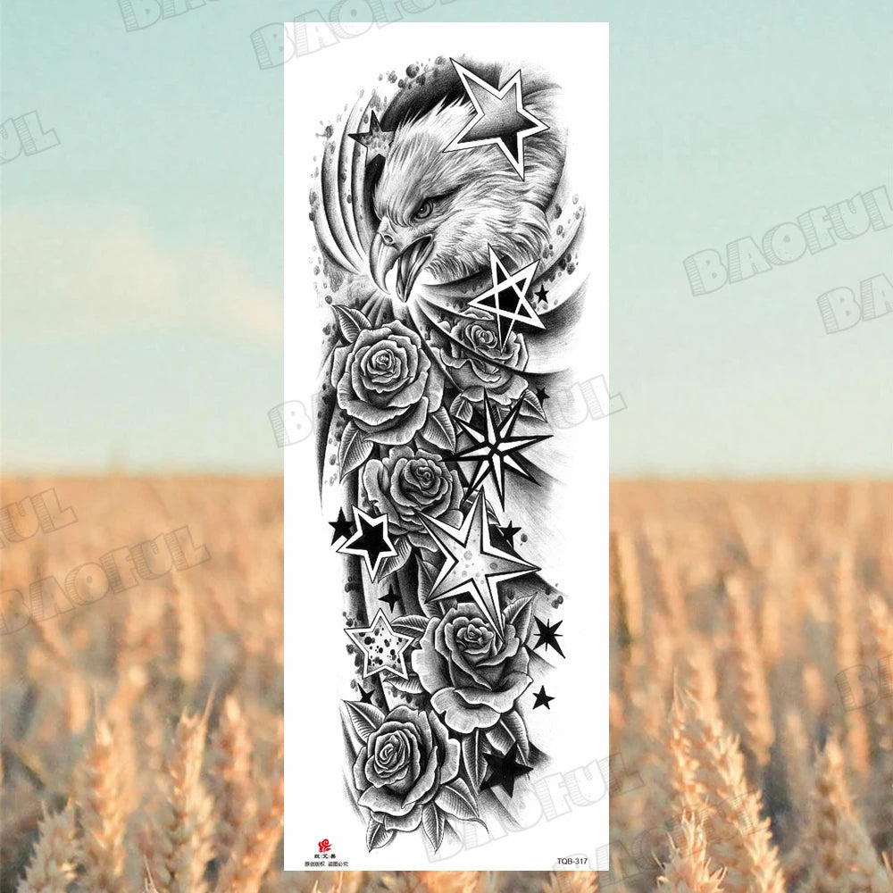 1 Sheet Wolf Lion Maori Flower Arm Sleeve Temporary Tattoo Sticker – Realistic Waterproof Fake Tattoos for Body