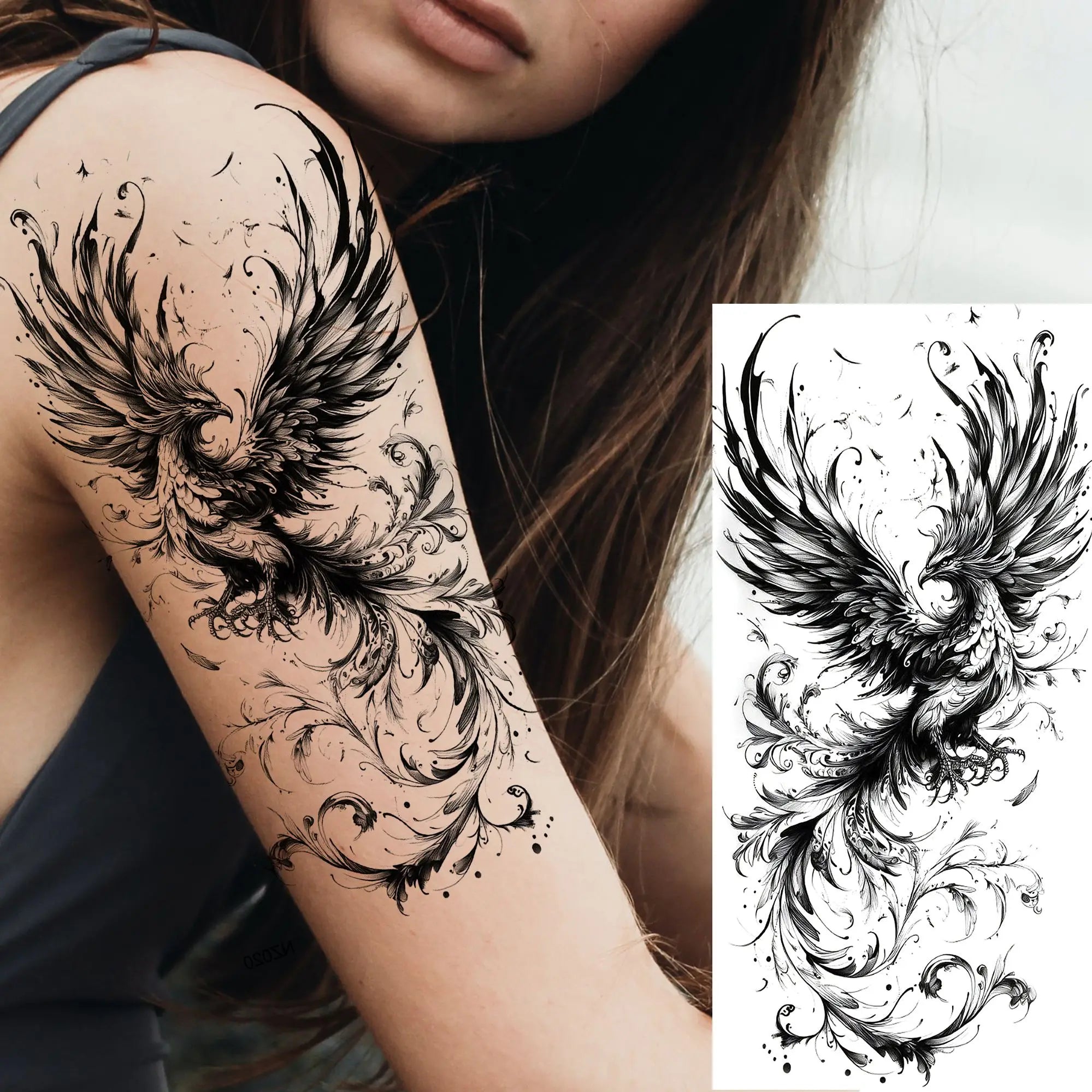 1 Sheet Phoenix Butterfly Flower Temporary Tattoo Sticker – Waterproof Realistic Fake Tattoos for Arm Back Waist