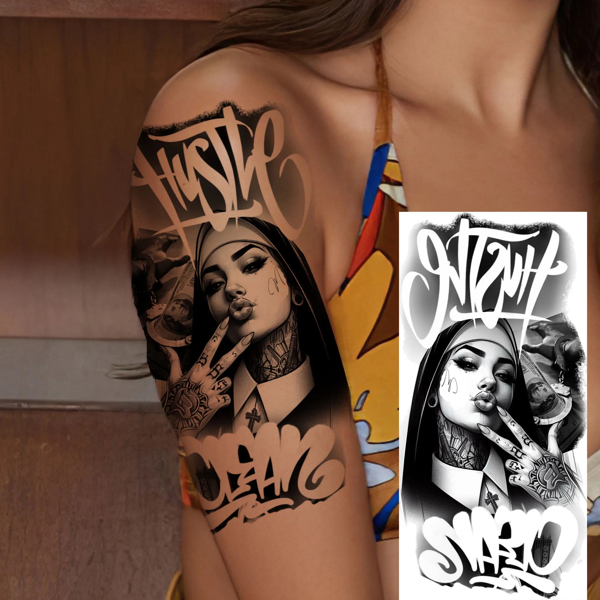 1 Sheet Gangster Joker Mask Poker Temporary Tattoo – Waterproof Fake Sleeve for Arm, Realistic Robber Rebel Design