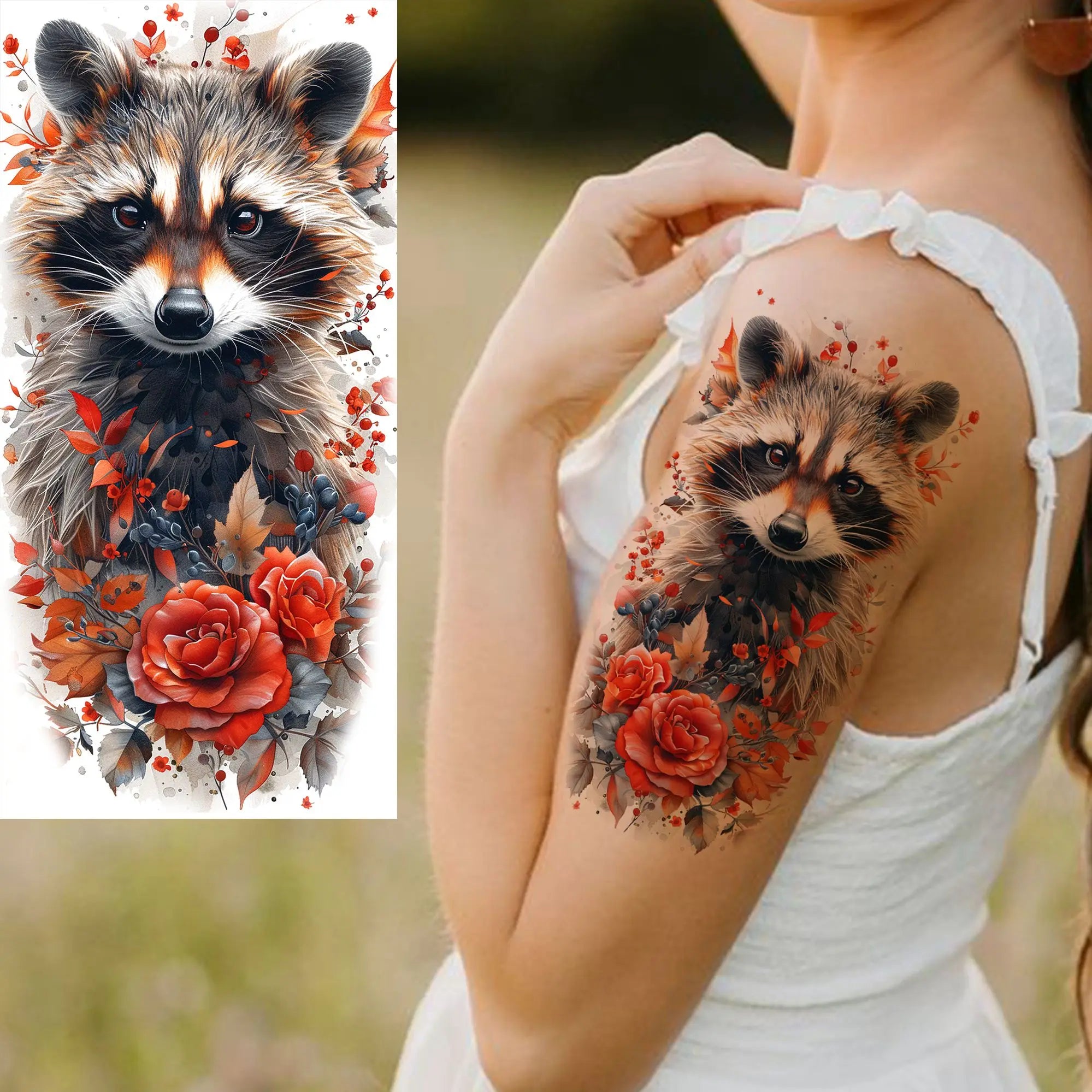 1 Sheet Watercolor Tiger Rose Temporary Tattoo Sticker – Waterproof Fake Tattoo with Floral & Bird Design
