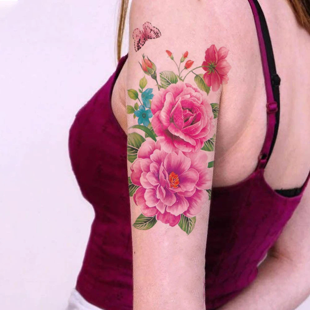 Colorful Rose Lily Peony Butterfly Temporary Tattoo Sticker