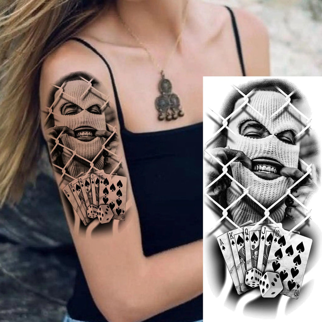 1 Sheet Gangster Joker Mask Poker Temporary Tattoo – Waterproof Fake Sleeve for Arm, Realistic Robber Rebel Design