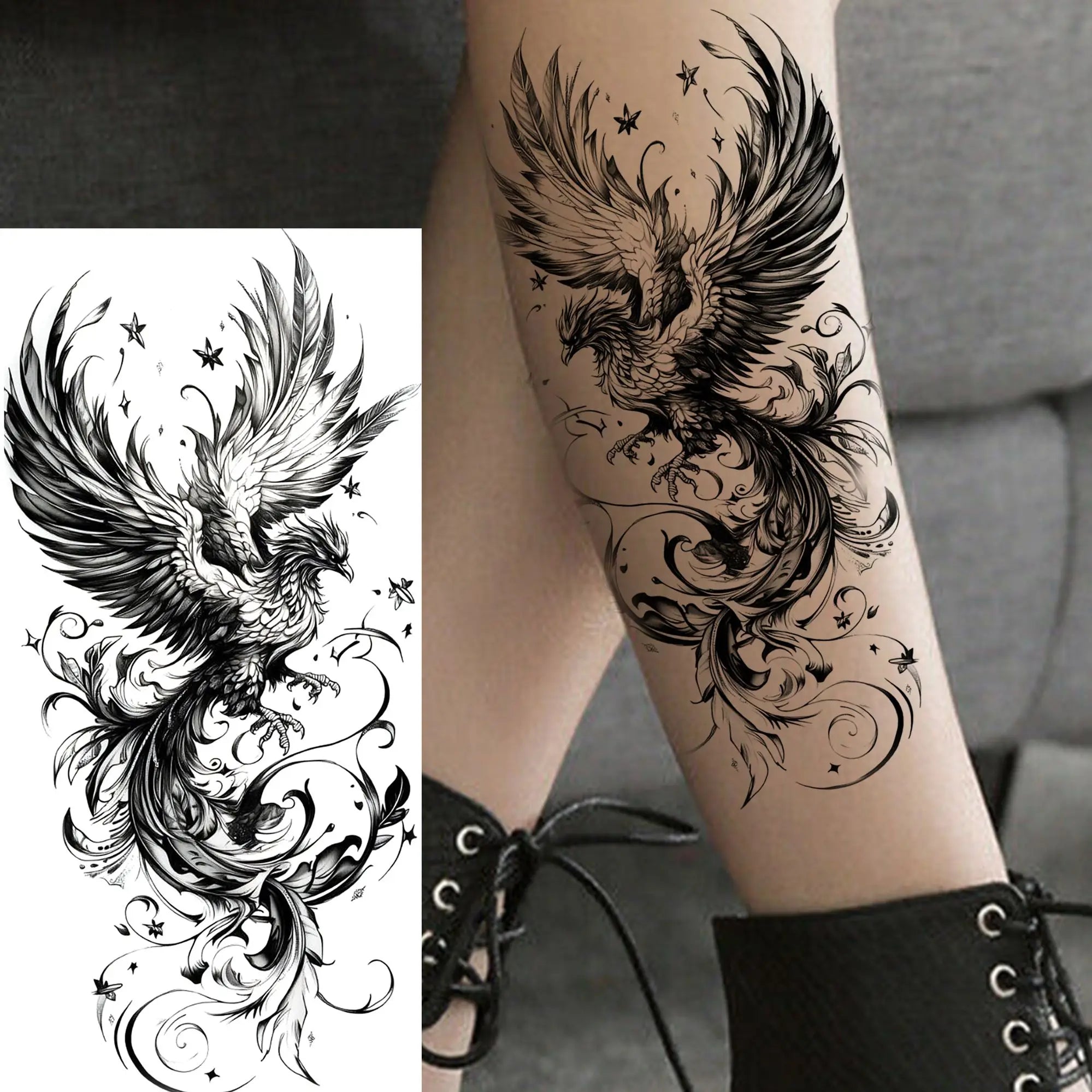 1 Sheet Phoenix Butterfly Flower Temporary Tattoo Sticker – Waterproof Realistic Fake Tattoos for Arm Back Waist